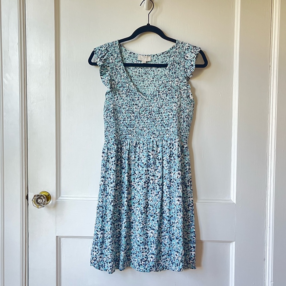 LOFT Blue and White Abstract Floral Knee Length Sundress
